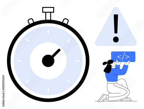 Large stopwatch with marked dial, warning triangle with exclamation mark, and woman kneeling while debugging code. Ideal for time management, productivity, teamwork, project deadlines, software