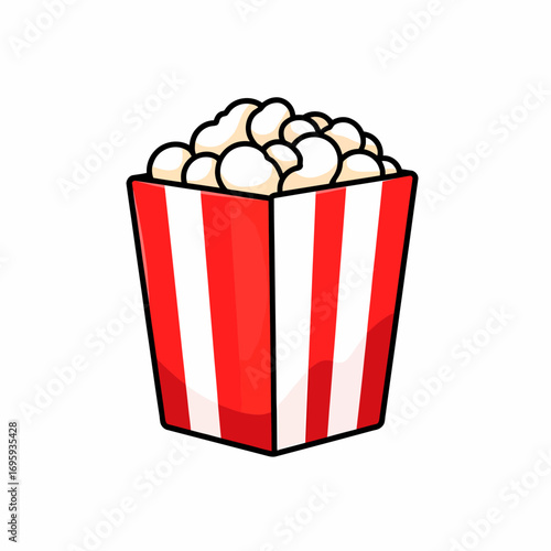 Vector popcorn box with red and white stripes. Perfect for cinema graphics, snack branding, movie night posters, and fast food packaging.
