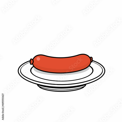 Vector icon of a plump sausage served on a ceramic plate.