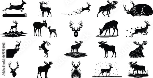 Deer and moose silhouette vector design set art