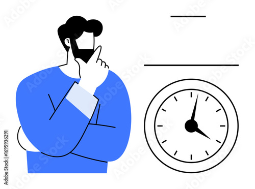 Man with hand on chin thinking near clock emphasizing decision-making, time management, deadline, problem-solving, productivity, self-reflection, focus. Ideal for planning, scheduling