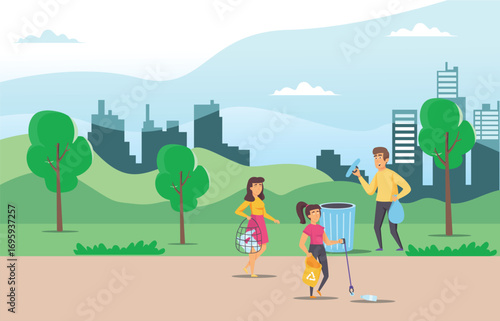 Illustration People collect and sort garbage in city park vector flat illustration. Men and woman taking care of the planet by collecting waste in bags.  Suitable for Diagrams, Infographic, Game Asset
