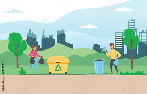 Illustration People collect and sort garbage in city park vector flat illustration. Men and woman taking care of the planet by collecting waste in bags.  Suitable for Diagrams, Infographic, Game Asset