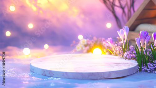 Stone catwalk, flowers, light bulbs, background for advertising, space for copying, for design of advertising products and web design