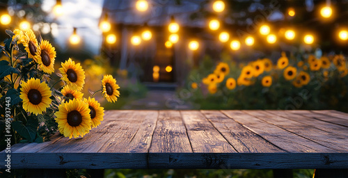 Wooden catwalk, sunflowers, light bulbs, background for advertising, space for copying, for design of advertising products and web design