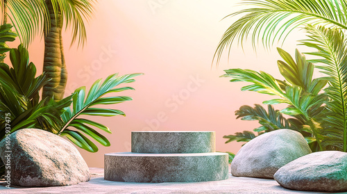 Stone catwalk, flowers, light bulbs, background for advertising, space for copying, for design of advertising products and web design