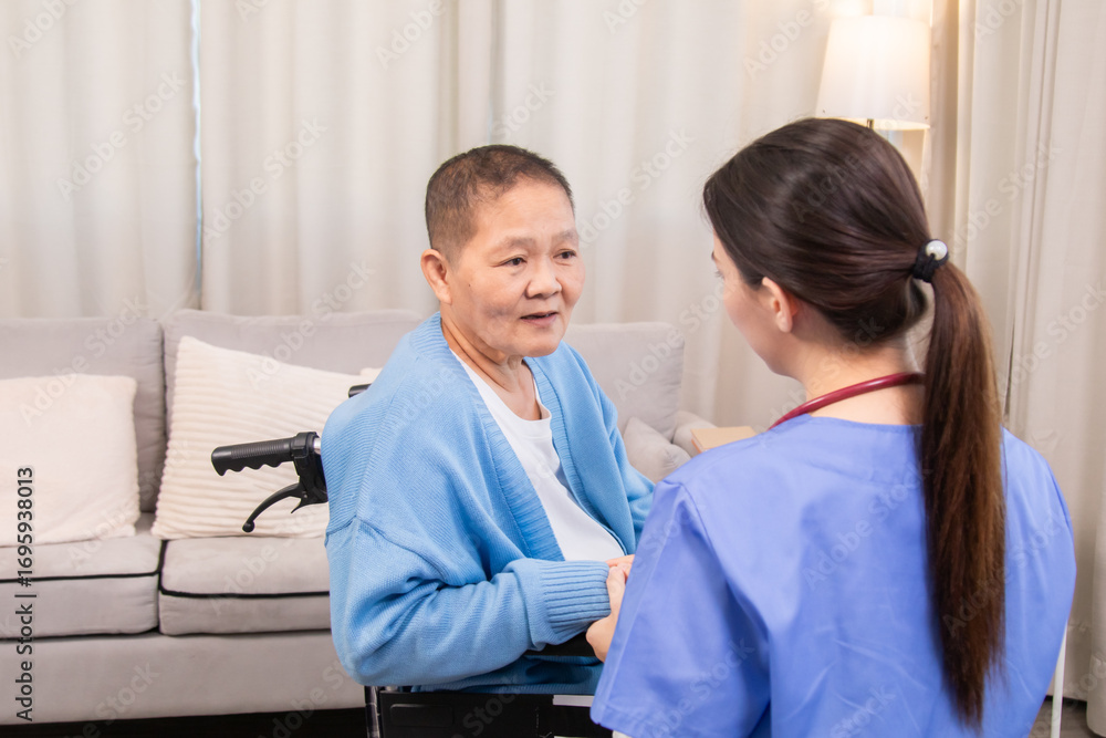 Fototapeta premium Elderly and caregiver, nurse healthcare routine, encouraging gentle exercise while delivering pills, strengthening aging immune system, monitoring medication schedule, senior people in nursing homeEld