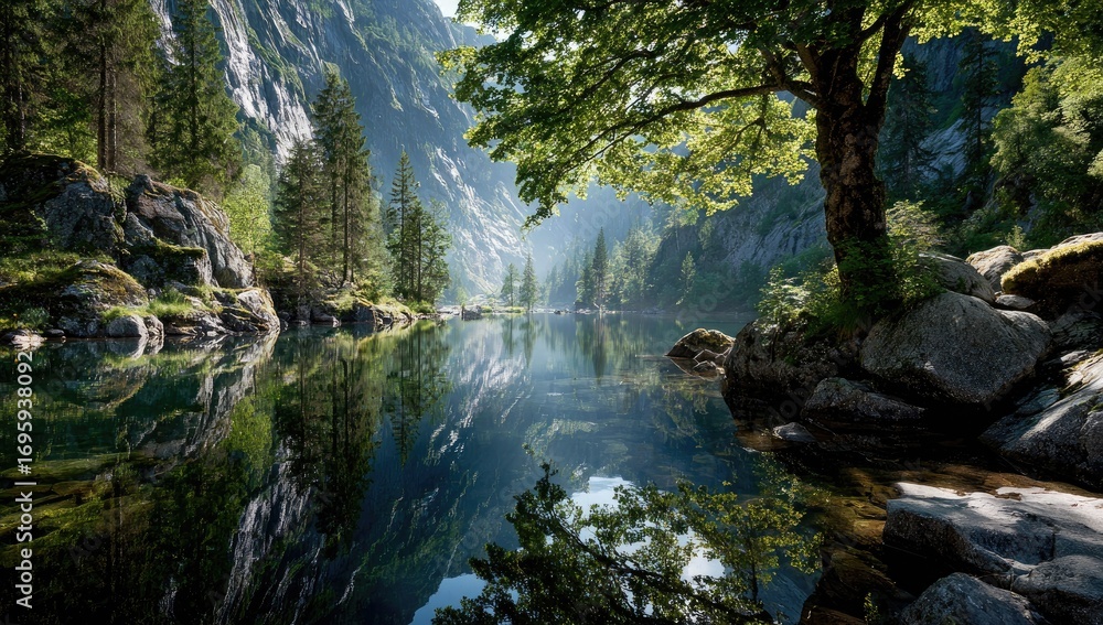 Obraz premium Reflections on a Calm Lake Surface