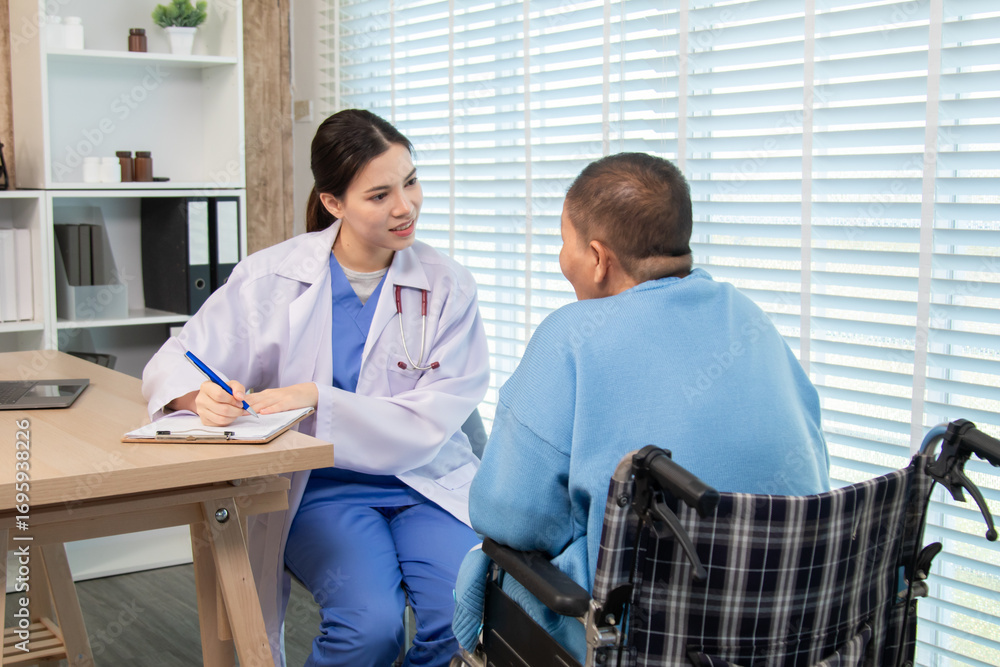 Fototapeta premium Elderly woman and caregiver or specialist nurse support kneels beside wheelchair, heartfelt conversation build trust communication while holding hands, boosting confidence recovery wellbeing in clinic