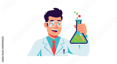 A cartoon scientist in a lab coat holds a flask, smiling and looking at the viewer.