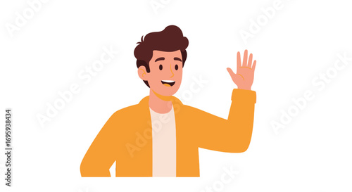 Cartoon illustration of a friendly young man waving hello.