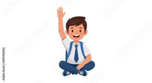 Cartoon illustration of a schoolboy sitting and raising his hand, likely in a classroom setting.