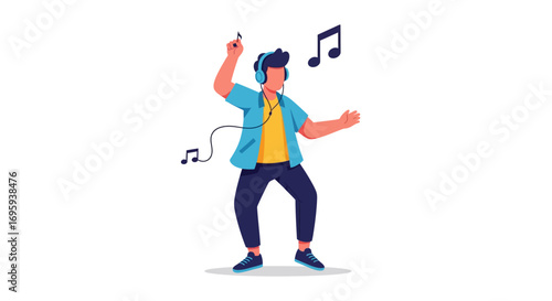 A man with headphones dances joyfully, surrounded by musical notes, enjoying the rhythm.