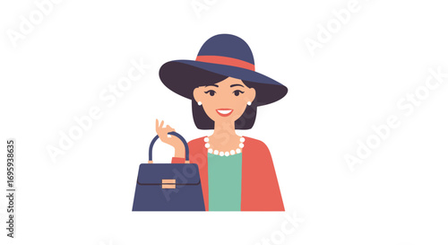 Smiling woman in a hat and jacket, holding a handbag,  stylish illustration.
