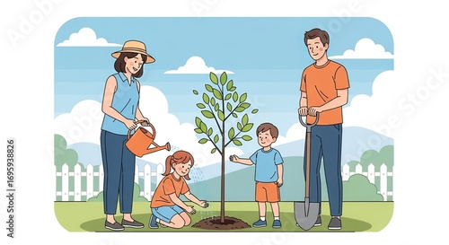 Joyful family cultivating a tree together in their home garden, embracing nature and fostering environmental responsibility for a greener future