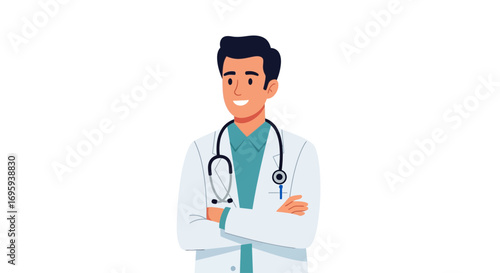 A smiling male doctor with a stethoscope, arms crossed, on a white background.