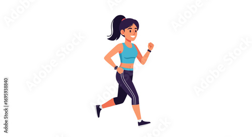 Cartoon woman running with a ponytail, wearing athletic clothes and a smartwatch, smiling.