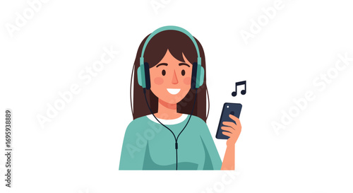 A cheerful woman listens to music through headphones, holding a smartphone.