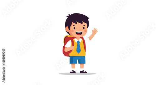Happy schoolboy waves, ready for school, carrying backpack.