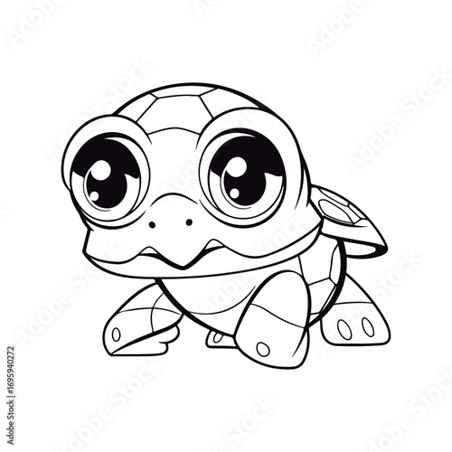 Coloring book for children baby Green Turtle kawai Black and white vector illustration.