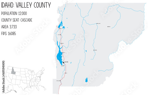 Large and detailed map of Valley County in Idaho, USA.