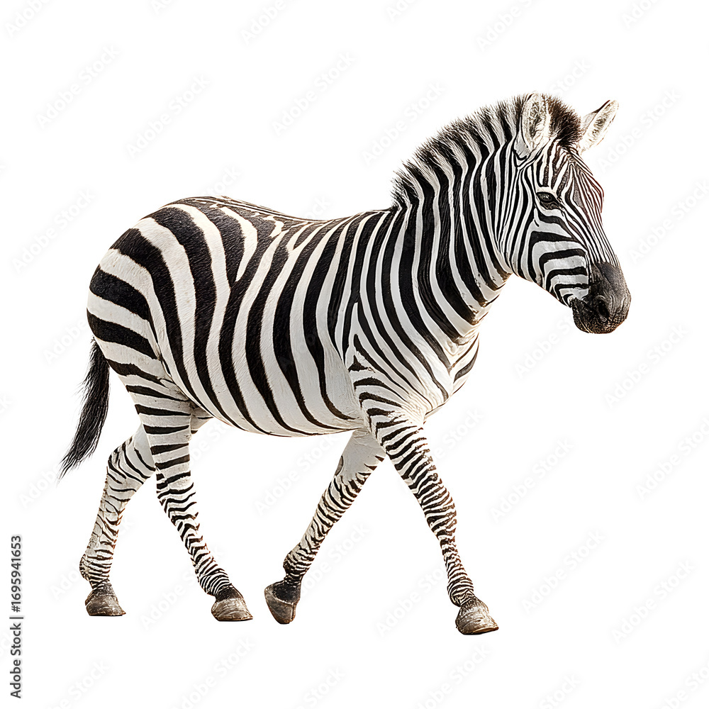 Fototapeta premium Zebra walking pose white isolated background, clear view, simple light. extra detail simple design clean look calm mood neat focus clear space for text easy style plain background natural pose soft lo