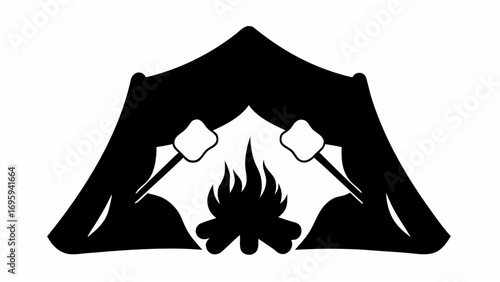 Black and white camping scene featuring a tent marshmallows roasting and a bonfire in the center view image silhouette