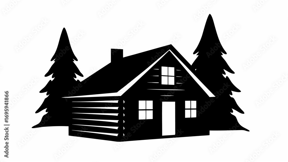Fototapeta premium Silhouette of a log cabin with a chimney and two pine trees on either side in a simple black design