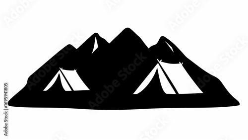 Illustration of a mountain range with two camping tents set up at the base in a simple black and white style silhouette
