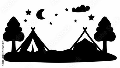 Silhouette of a camping scene with two tents trees moon stars and a cloud under a night sky outdoors