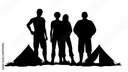 Silhouette of four people standing in front of two tents in an outdoor camping environment scene view