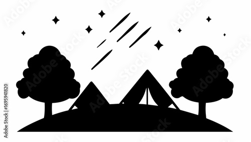Silhouette camping scene with tents trees stars and meteor shower under a night sky landscape illustration