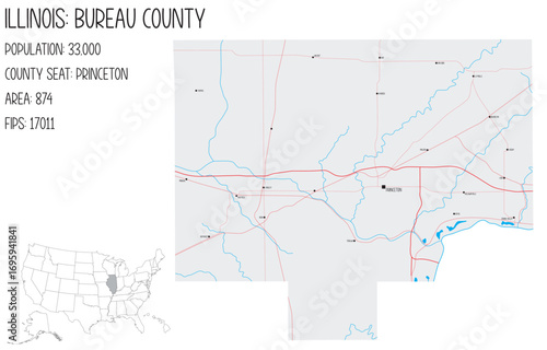 Large and detailed map of Bureau County in Illinois, USA.