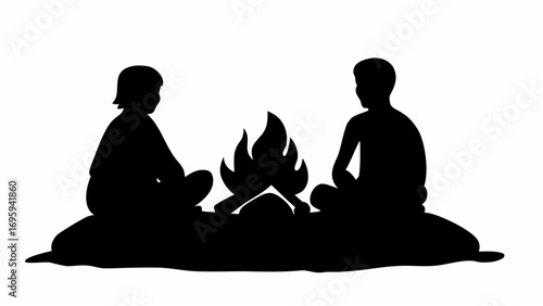 Silhouette of two people sitting around a campfire with flames in a black and white illustration art
