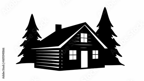 Silhouette of a log cabin with a chimney and two pine trees on either side in a simple black design