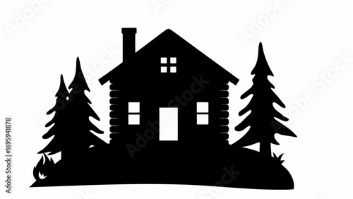 Silhouette of a log cabin with a chimney and two windows surrounded by evergreen trees on a small hill