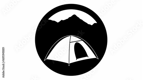 Black oval with a white tent at the bottom and a mountain range with a white arch above it in the background silhouette