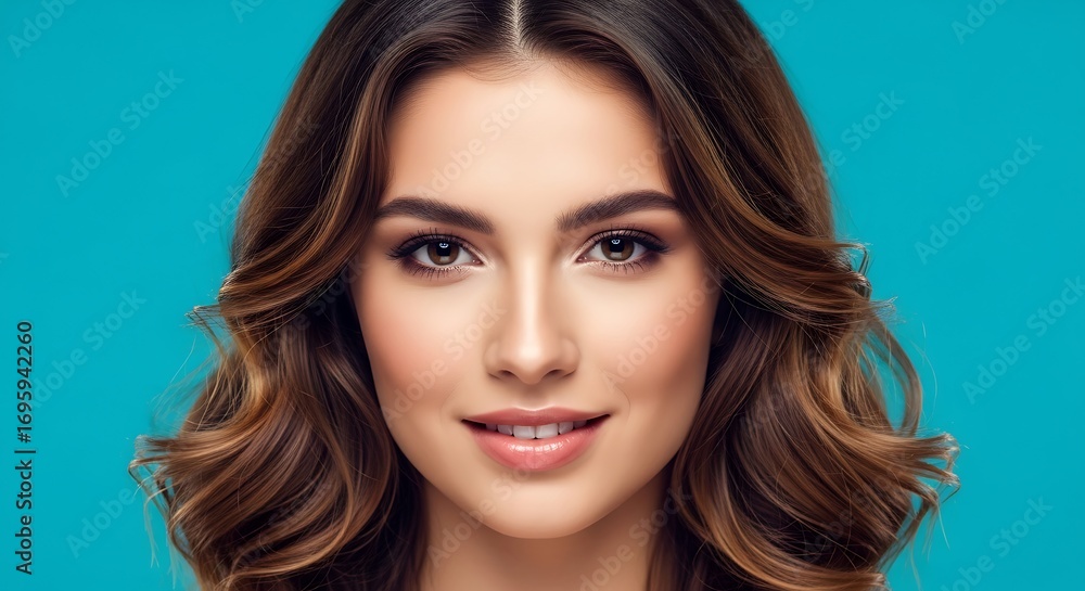 Naklejka premium A beautiful woman with wavy brown hair and subtle makeup smiles gently against a vibrant turquoise background.
