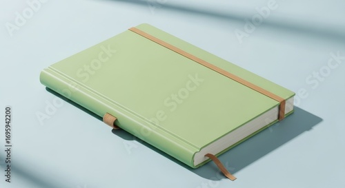 Green Notebook with Elastic Band and Ribbon on Blue Background