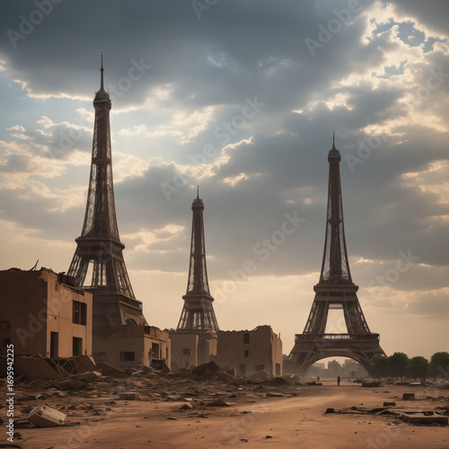 triple eiffel towers at sunset
