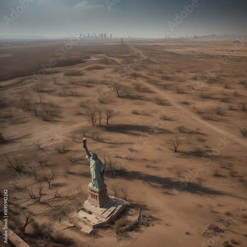 statue of liberty among dead trees in the desert
