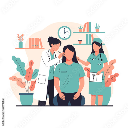 Doctor examining patients ear with nurse assistance in medical office.