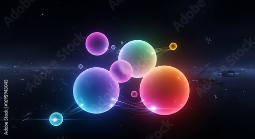 Wallpaper Mural Colorful spheres connected with lines floating in a dark space with light reflections visible afar Torontodigital.ca