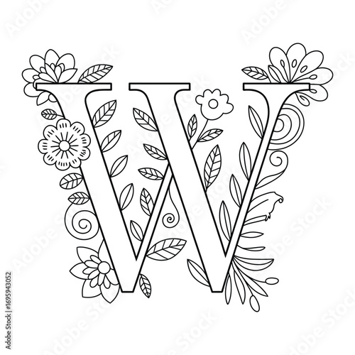 Floral alphabet letter W coloring book page with doodle style flowers and leaves.