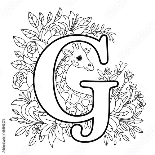 Floral Alphabet Letter G with a Cute Giraffe and Flowers Coloring Page