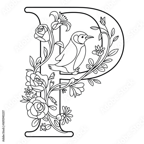Elegant Floral Letter P with a Charming Bird Illustration