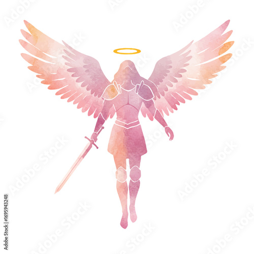 Powerful angel warrior with sword, ethereal wings and halo, watercolor texture, divine protector