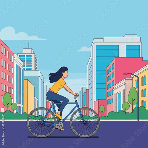Woman Cycling in Cityscape - Yellow Shirt, Blue Jeans, Dark Hair.