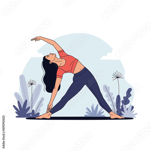 Young woman in red top and blue leggings performing triangle yoga pose, stretching gracefully.