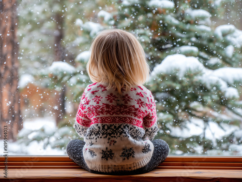 A girl sits on a windowsill and looks out the window